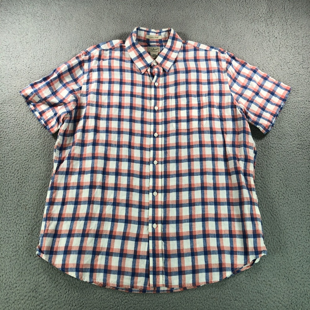 LL Bean Shirt Mens Extra Large Red Blue Plaid 100% Linen Slightly Fitted Coastal - Picture 3 of 10